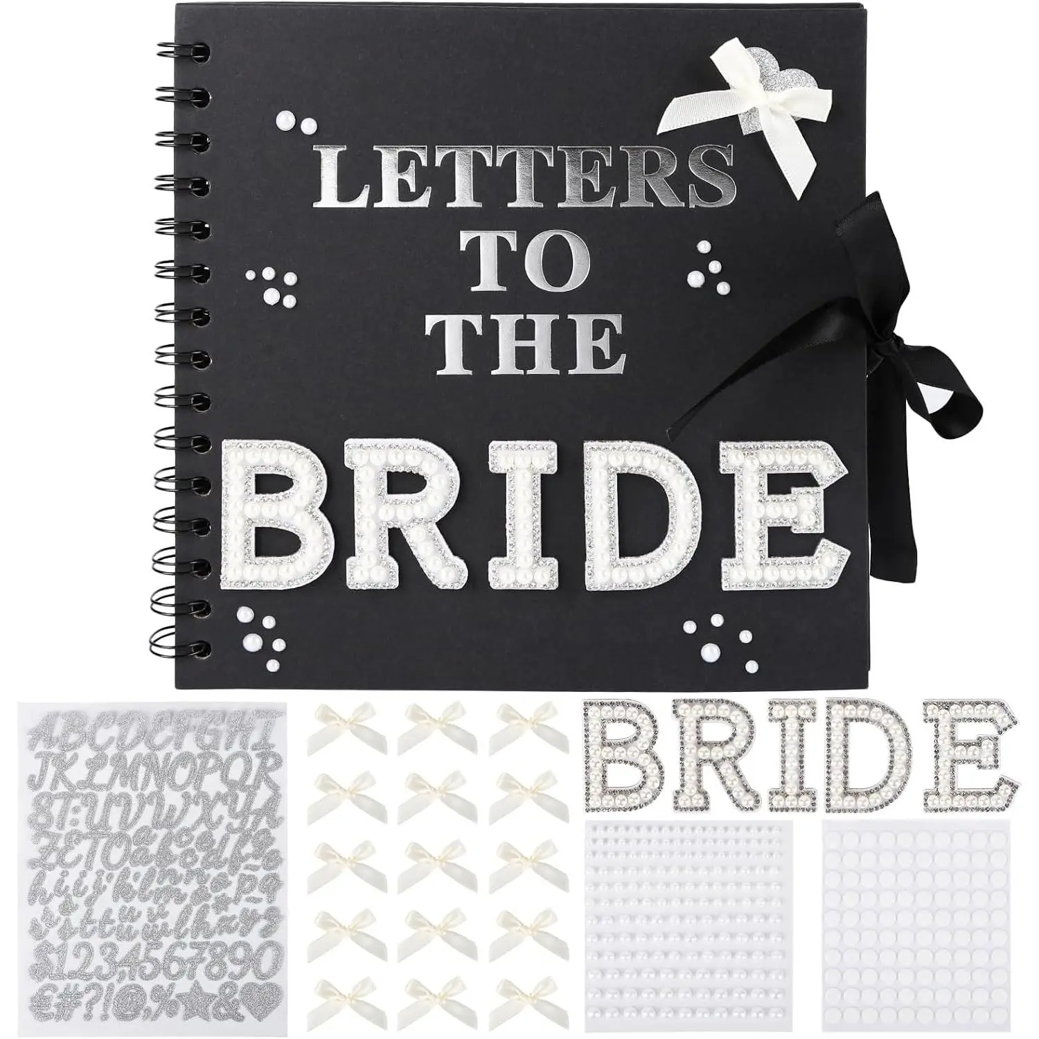 Modern 8x8 in Letters to The Bride DIY Scrapbook Photo Album, Synthetic Blank Paper Book with Stickers, Metallic Letters, Bows (Black)