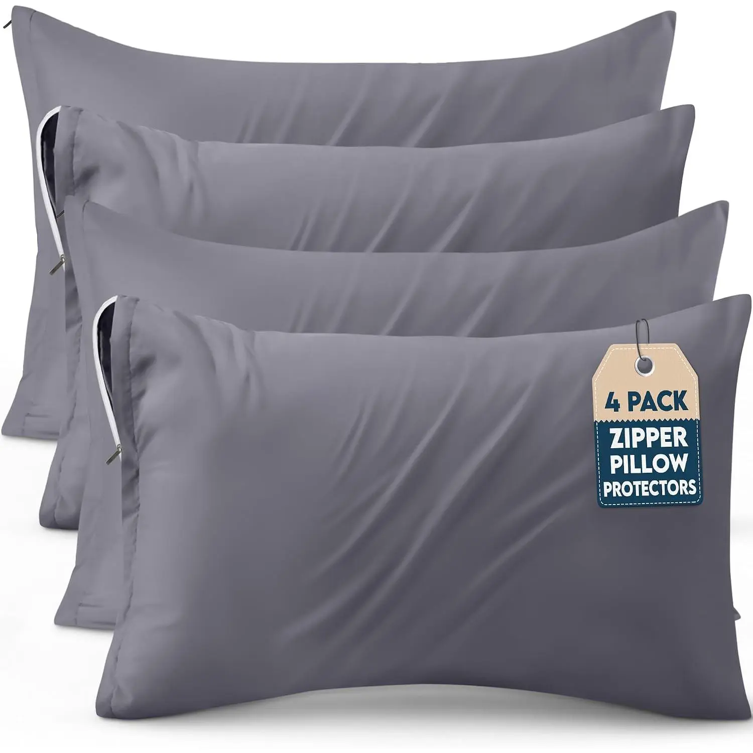 4 Pack Pillow Protectors with Zipper Standard Size, Soft Brushed Microfiber Fabric Pillow Cases, Shrinkage and Fade Resistant Pillow Covers (White)