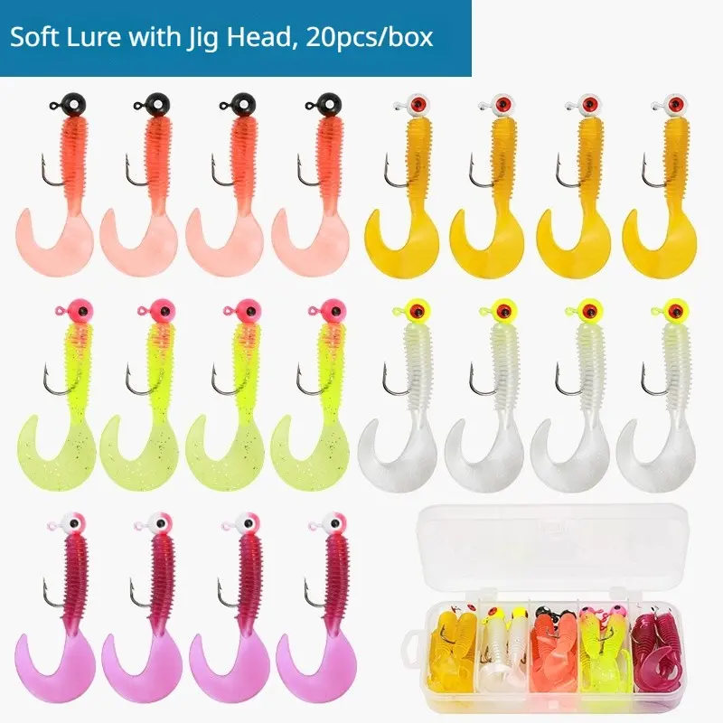 20Pcs Curly Tail Soft Lure, Soft Plastic Worm & Jig Head Kit, Weedless Jig Hooks for Bass Perch Freshwater Pond River Fishing, freshwater bass perch tackle, scented soft bait, pond river shore fishing rig, mixed weight lead