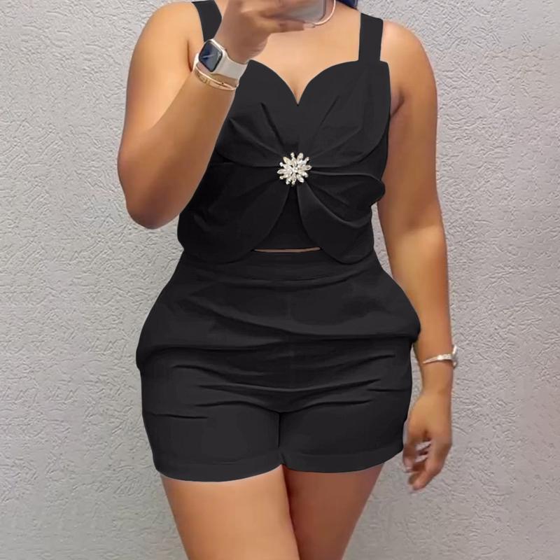 Women's 2 Pieces Outfit 3D Flower Thick Strap Crop Tank and Casual Pocket Design Shorts Set Minimalist Womenswear(gift)