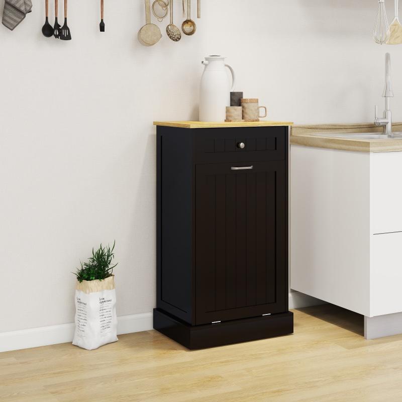 Modern Sideboard Black E1 MDF Tilt-Out Trash Cabinet with 1 Drawer & 1 Compartment for Kitchen Island & Laundry Storage Organizer UV Painted for Durability