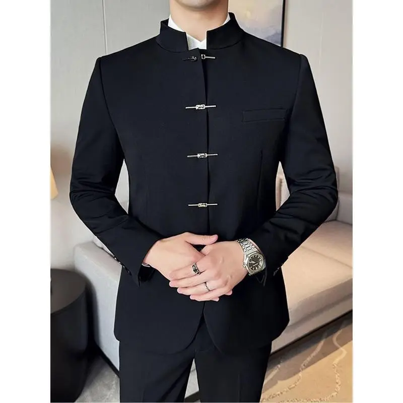 Men'S Modern Mandarin Collar Suit Jacket Traditional Chinese Style Tang Coat - Polyester Blend with Elastane and Rayon, Solid Color, Fashion Stand Collar, Slight Stretch Fabric, Single Breasted with Button Details, Regular Fit Long Sleeve - For Men -