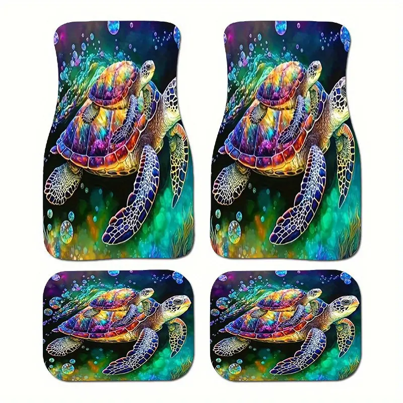 A 4-piece set of sea turtle-patterned car floor mats, made of crystal velvet material with anti-slip design. Universal 4-piece set. Decorates the interior space of the vehicle, effectively collects hair, maintains a tidy interior, is easy to clean.