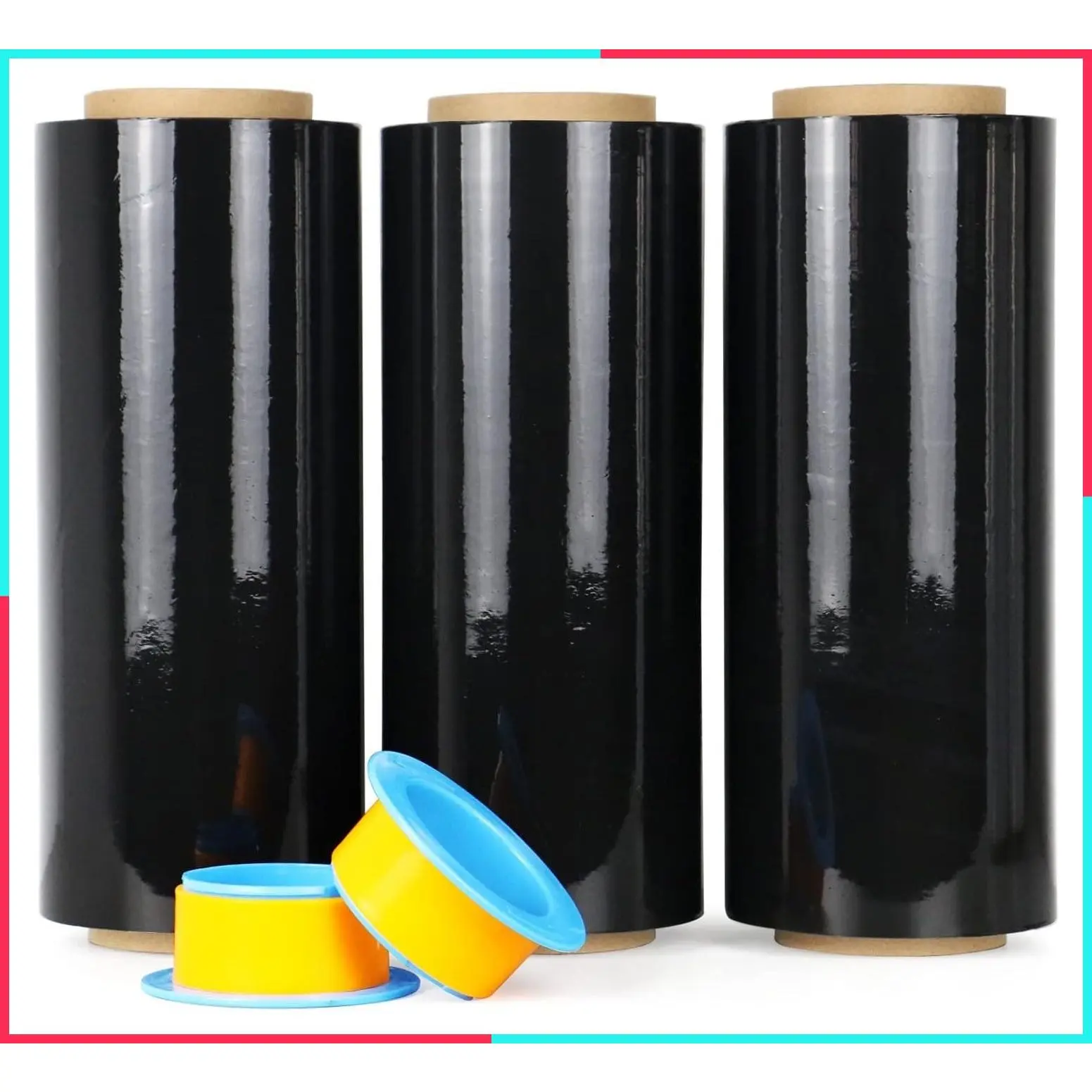 Industrial Strength Black Stretch Wrap with Plastic Handle, 12" x 1000 Feet 80 Gauge 3-Pack, Self-Adhering Shrink Wrap for Shipping and Moving