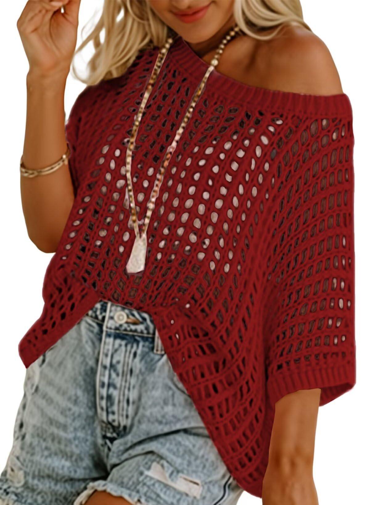 2026 summer five-quarter sleeve sexy hollow top pullover beach blouse knitted sweater women