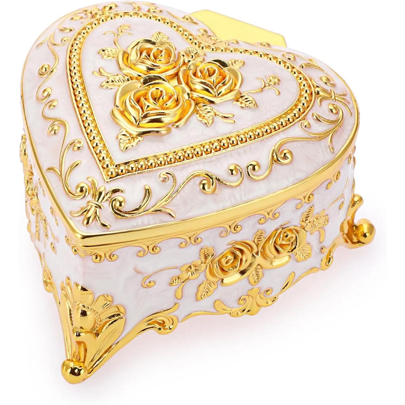 Vintage Metal Jewelry Box - Heart Shape Trinket Organizer Ring Box Case with Rose Pattern Jewelry Storage Box for Ring Earrings Necklace, Gift for Women