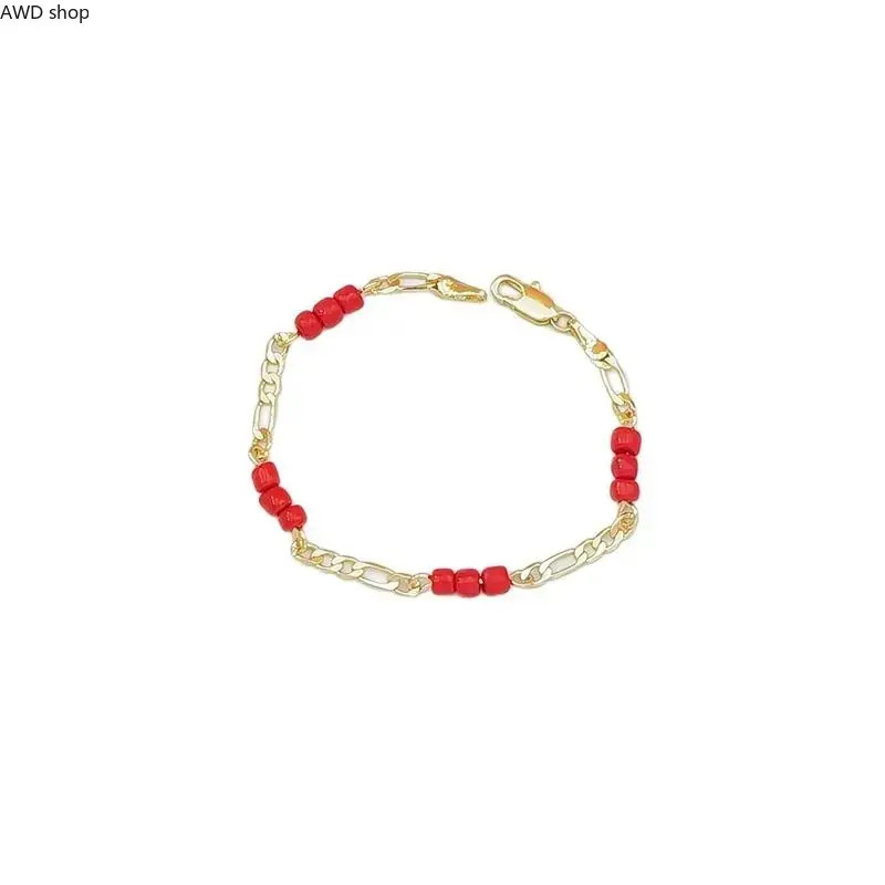 Women Retro Beaded Chain Jewelry 2-Piece Set, Bohemian Red Rice Bead Bracelet & Anklet Combo, Trendy Fashion Accessory, Lightweight Ornament for Beach Parties, Summer Vacation And Casual Daily Outfit Matching