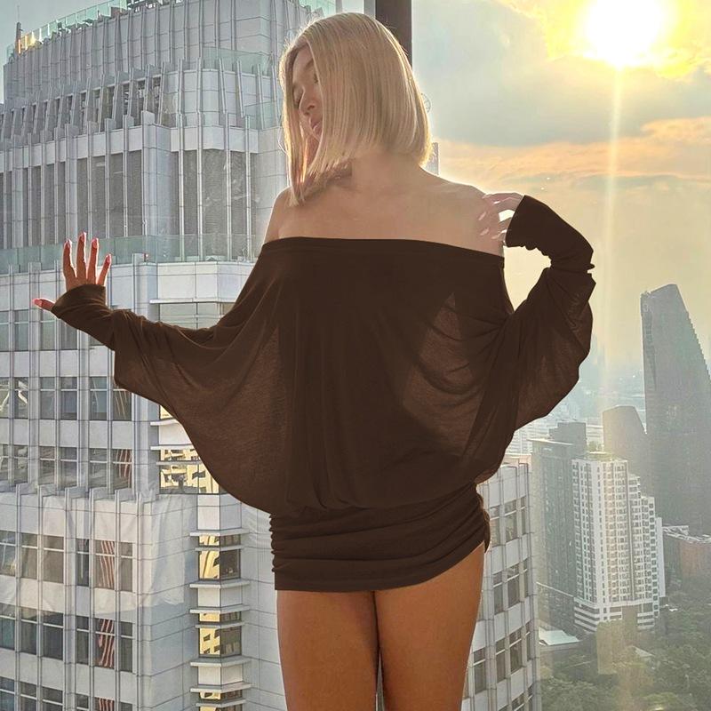 European and American style women's clothing 2025 spring new sexy pure desire wind one-word collar pull pleated tight hip wrap dress