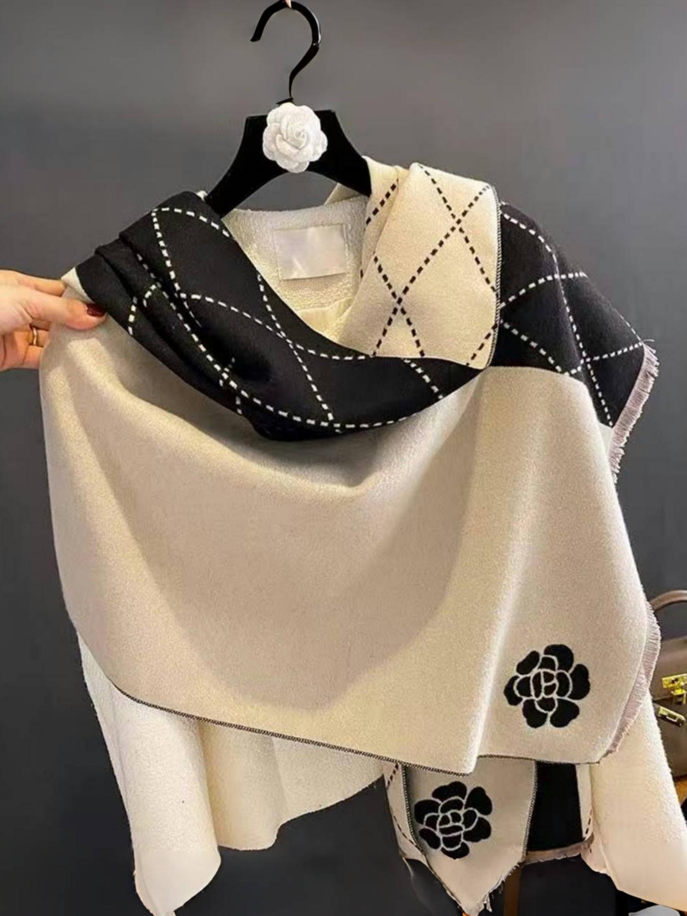 Women's High-End Light Luxury Camellia Imitation Cashmere Scarf, Fashion Evening Shawl, Elegant Soft Warm Winter Accessory, Floral Pattern Shawl