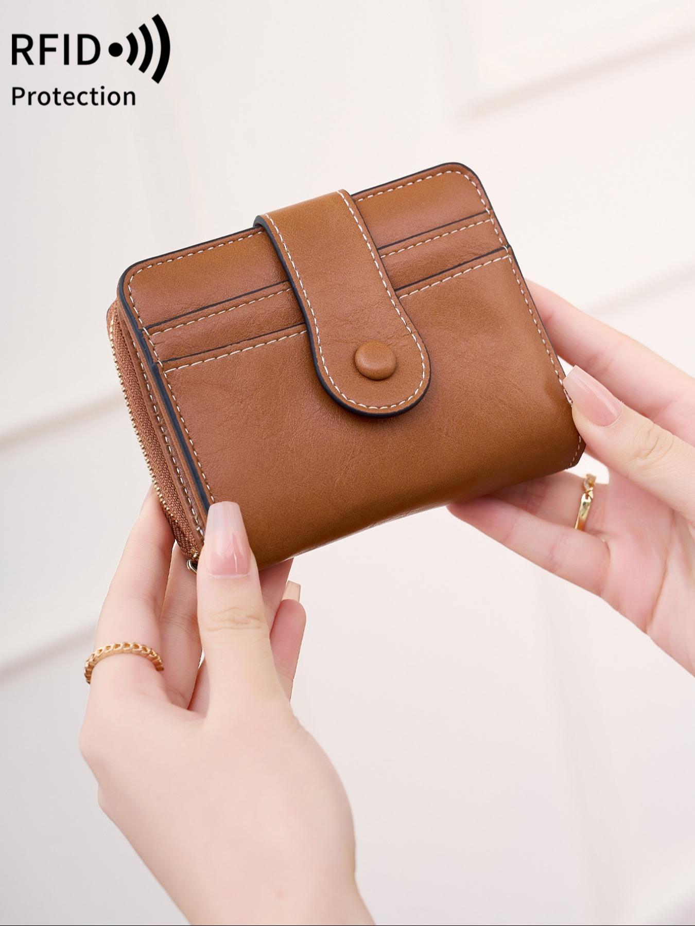 Women's Solid Color RFID Blocking Card Holder, Fashionable PU Leather Zipper Wallet, Casual Versatile Coin Purse for Daily Used