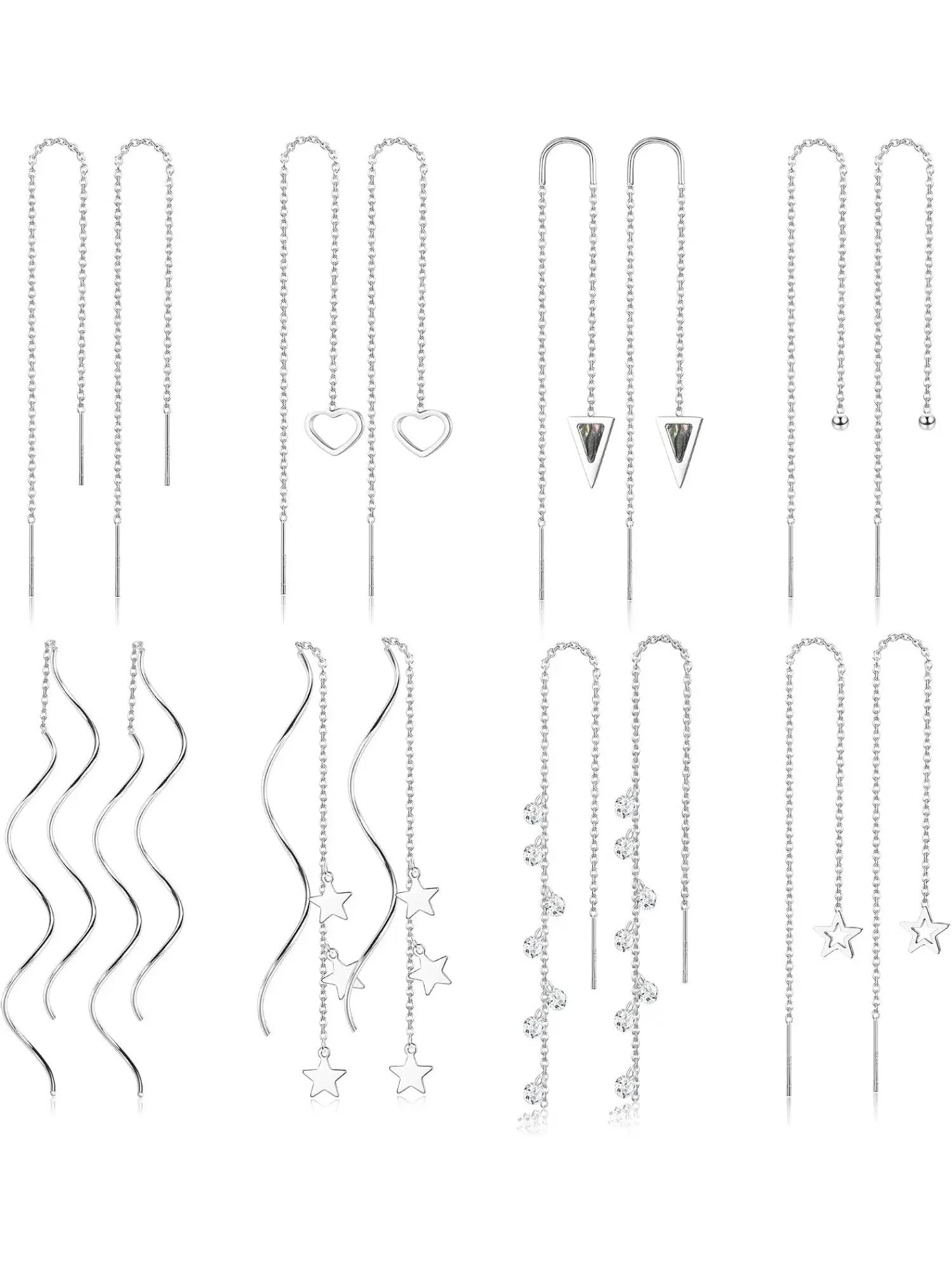8 Pairs Threader Earrings Chain Earrings for Women Stainless Steel Tassel Earrings Double Twist Wave Drop Dangle Earrings with Rhinestones Lightweight Long Chain Earrings Set