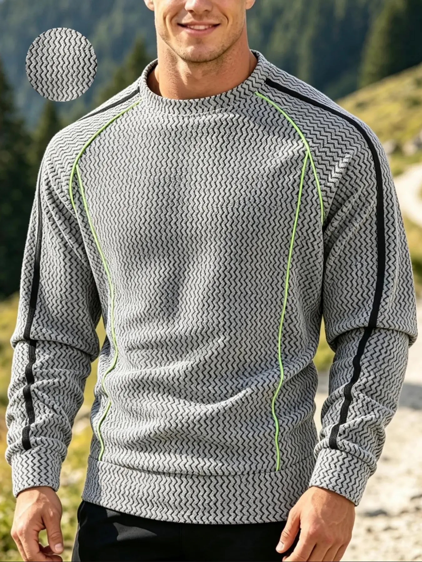Men's round-neck fleece sweater with wavy texture, long-sleeved pullover top, contrasting color stripes top