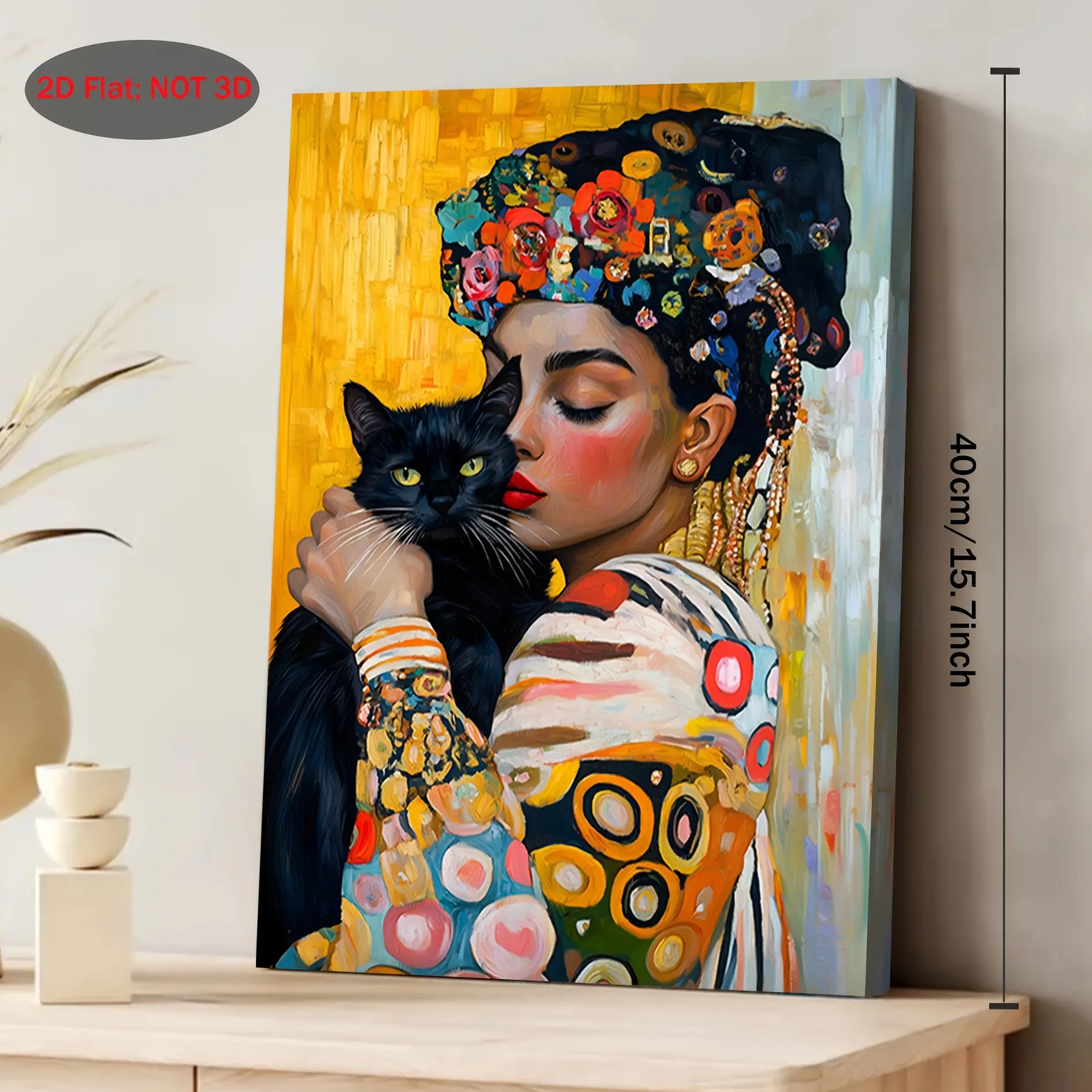 1 Piece Maximalist Cat Art Print - Humorous Klimt-Style Framed Canvas Wall Decor with Floral Headdress, Hanging 11.8x15.7in Art with Houndstooth/Marble Accents, Ideal for Bedroom, Juneteenth/Canada Day Decor, Plaid