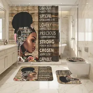 4pcs African American Woman Afro Bible Verse Shower Curtain Set Toilet Seat Cover U-Shaped Bath Mat Bathroom Decor Inspirational Religious Quotes Wood Unique Special Loved Capable Easter Christmas Thanksgiving Spiritual Decorations