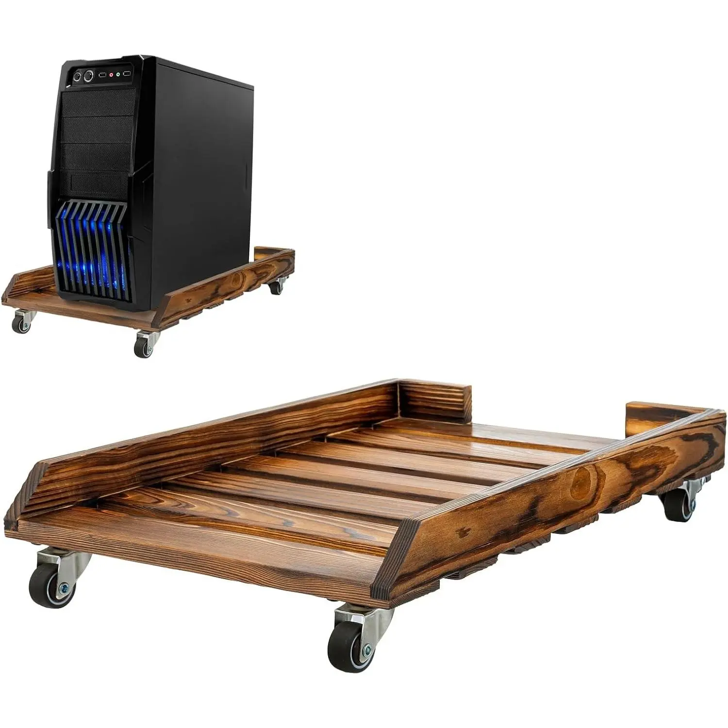 Rustic Solid Wood CPU Tower Stand Deluxe PC Holder with Rolling Lockable Caster Wheels, Computer Case Floor Stand