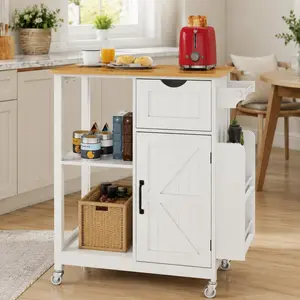 ARCH Solid Metal Frame Utility Kitchen Island Cart on Wheels - White MDF+Metal, Storage Cabinet, Drawer, Spice Rack, Towel Rack, Adjustable Shelves, for Kitchen & Dining Room, 14.96W x 23.62D x 33.86H in, Ancient White Option, Solid Metal Frame Utility Ca