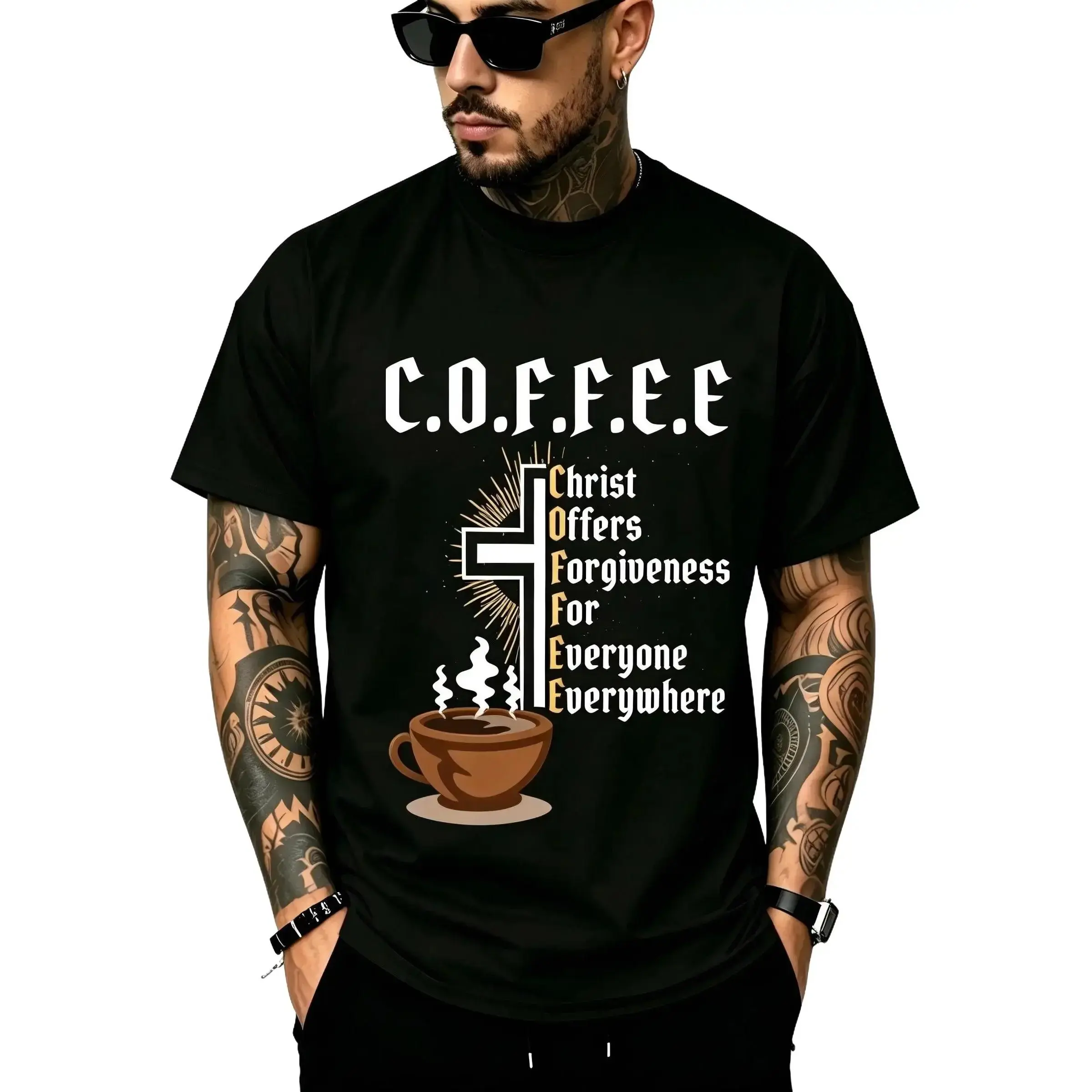 C.O.F.F.E.E "Christ Offers Forgiveness For Everyone Everywhere" Christian Coffee T-Shirt - Soft Breathable Cotton Crew Neck Short Sleeve, All-Season Summer Spring Casual, Great for Daily Wear & Church Style, Machine Washable