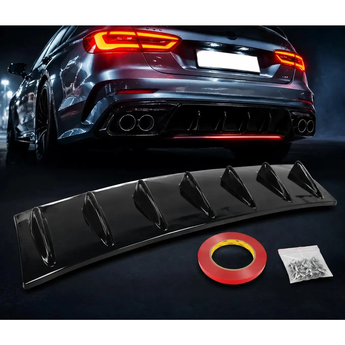Carbon Fiber Shark Fin Rear Bumper Diffuser Lip Spoiler – Sport Racing Style Rear Splitter Kit for Cars Sedan Hatchback, Easy Install No Drill Exterior Car Body Upgrade Accessory