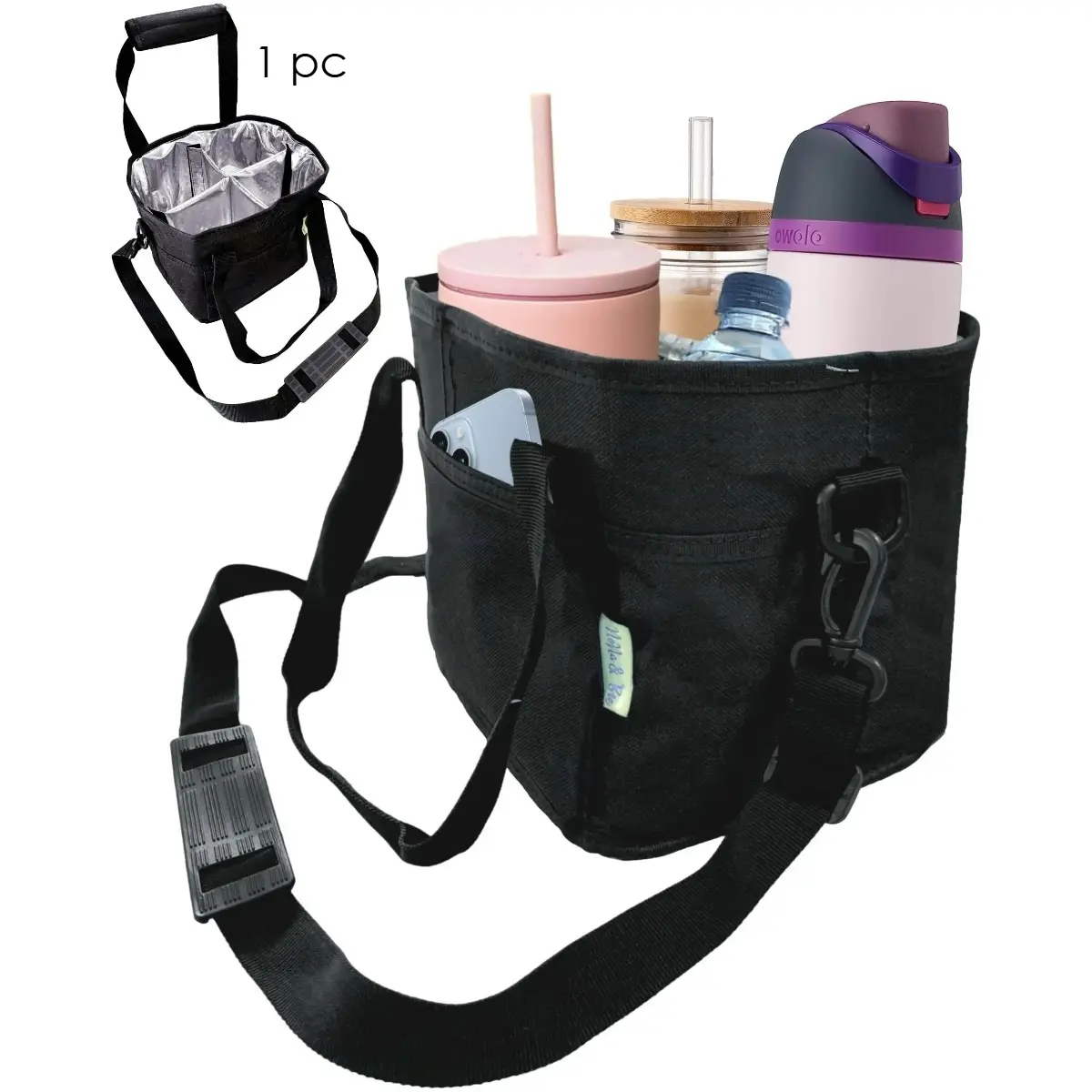 Family Size 4 Compartment Drink Bag, Leak-Proof Car Drink Cup Organizer, , Travel Essentials, Insulated Drink Caddy with Adjustable Shoulder Strap & Dividers, Anti-Tip Holder for Coffee Cups & Tumblers,Insulated Cold Beverage Holder, Leakproof Cooler Bag