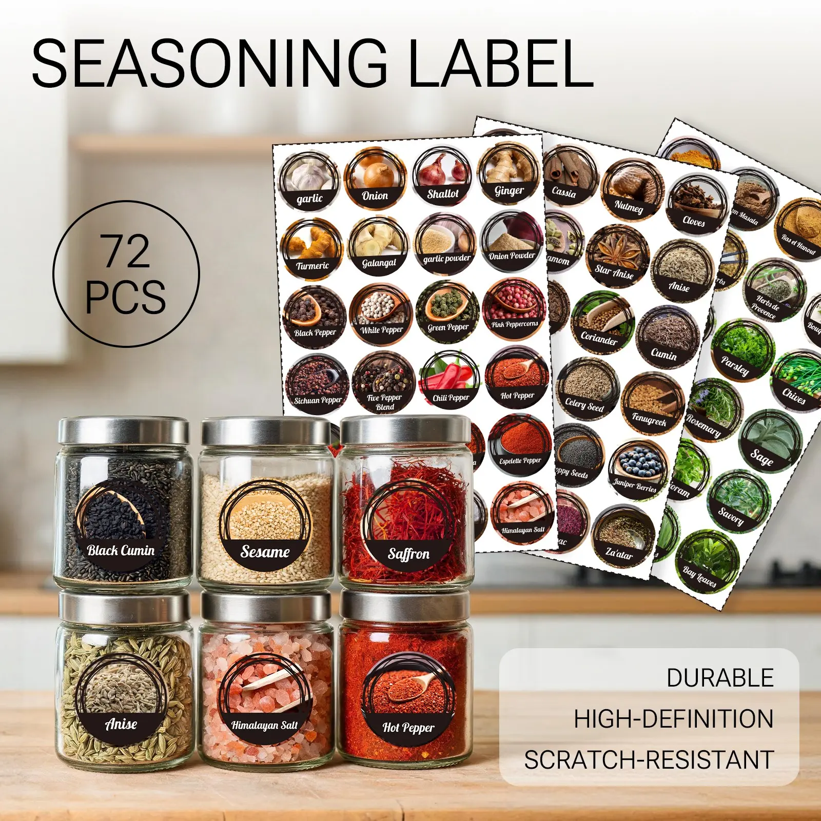 Round English Spice Jar Vinyl Label Stickers 72 Pack, Kitchen Herb Seasoning Storage Decals, Waterproof, Scratch Resistant, Durable, Removable Without Residue