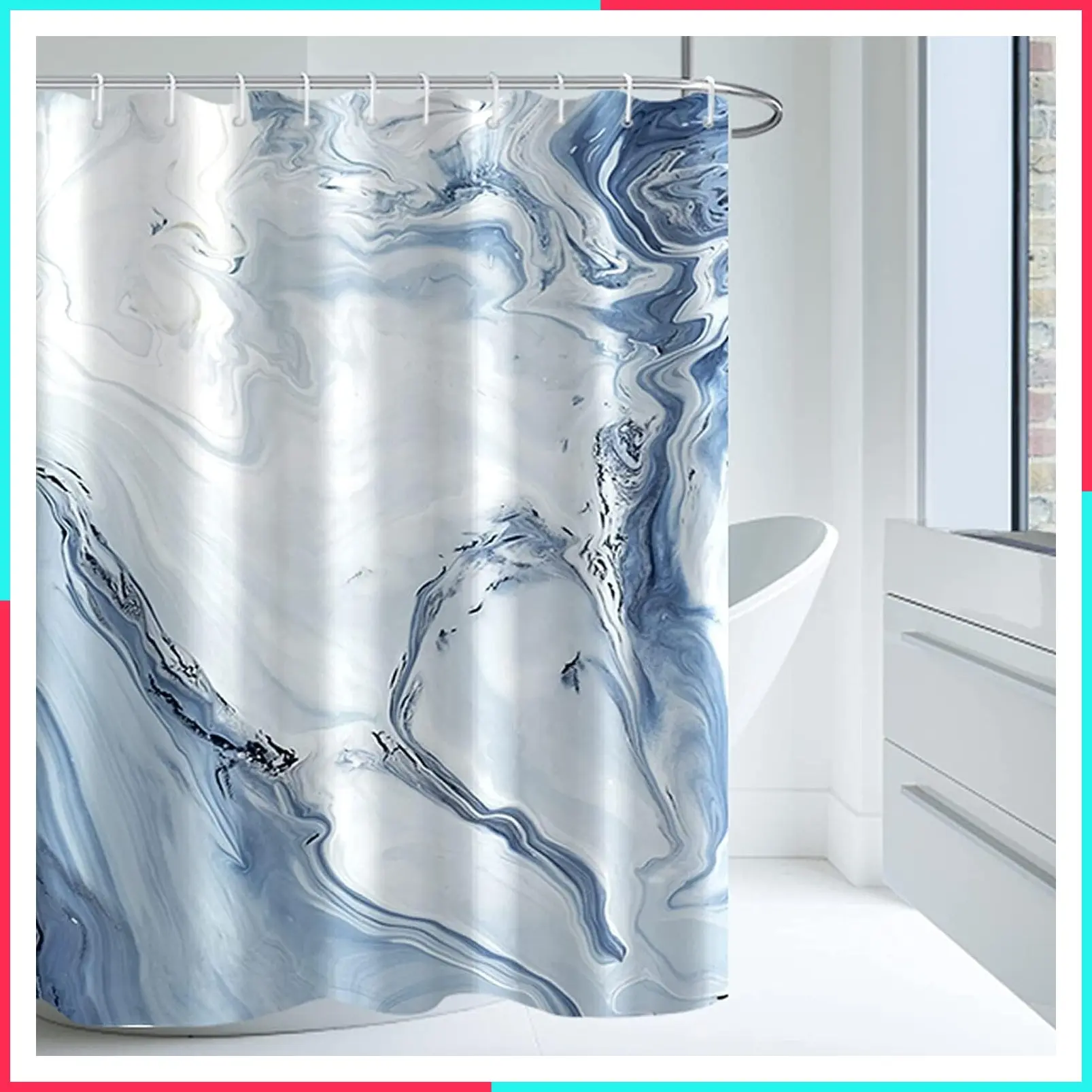 Blue Marble Shower Curtain Waterproof for Bathroom Decor, Printed Washable with Hooks, 72x72 Inch