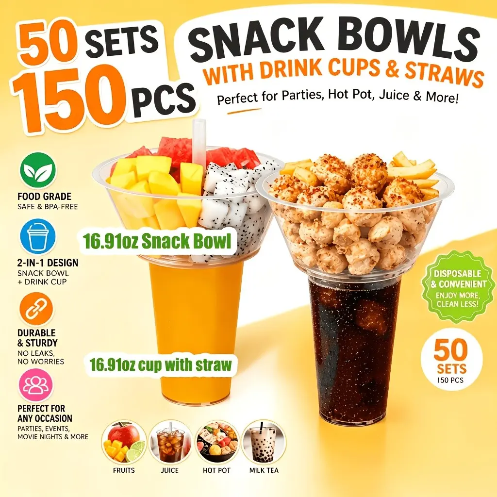 50 Set 17oz Snack Drink Cups, Includes 50 Cups, 50 Bowls, 50 Straws, Lids Included, Portable Juice, Smoothie, Milk Tea Cups, Perfect for Outdoor Activities