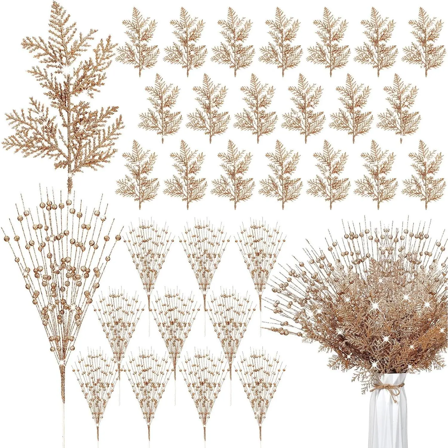 50 count Christmas Tree Picks and Sprays Decorations 17" Champagne  Christmas Glitter Berry Stem and 10.6" Artificial Pine  Branches Picks Twigs Bead for Xmas Tree Ornaments DIY Wreath Decor