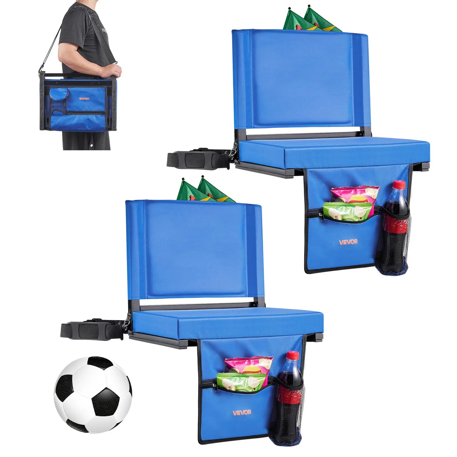 VEVOR Stadium Seat, Folding Bleacher Seat with Back Support Thick Cushion, Padded Stadium Seats for Bleacher Includes Shoulder Strap, Hooks, Cup Holder, and Side Pocket, Blue Bleachers Chair