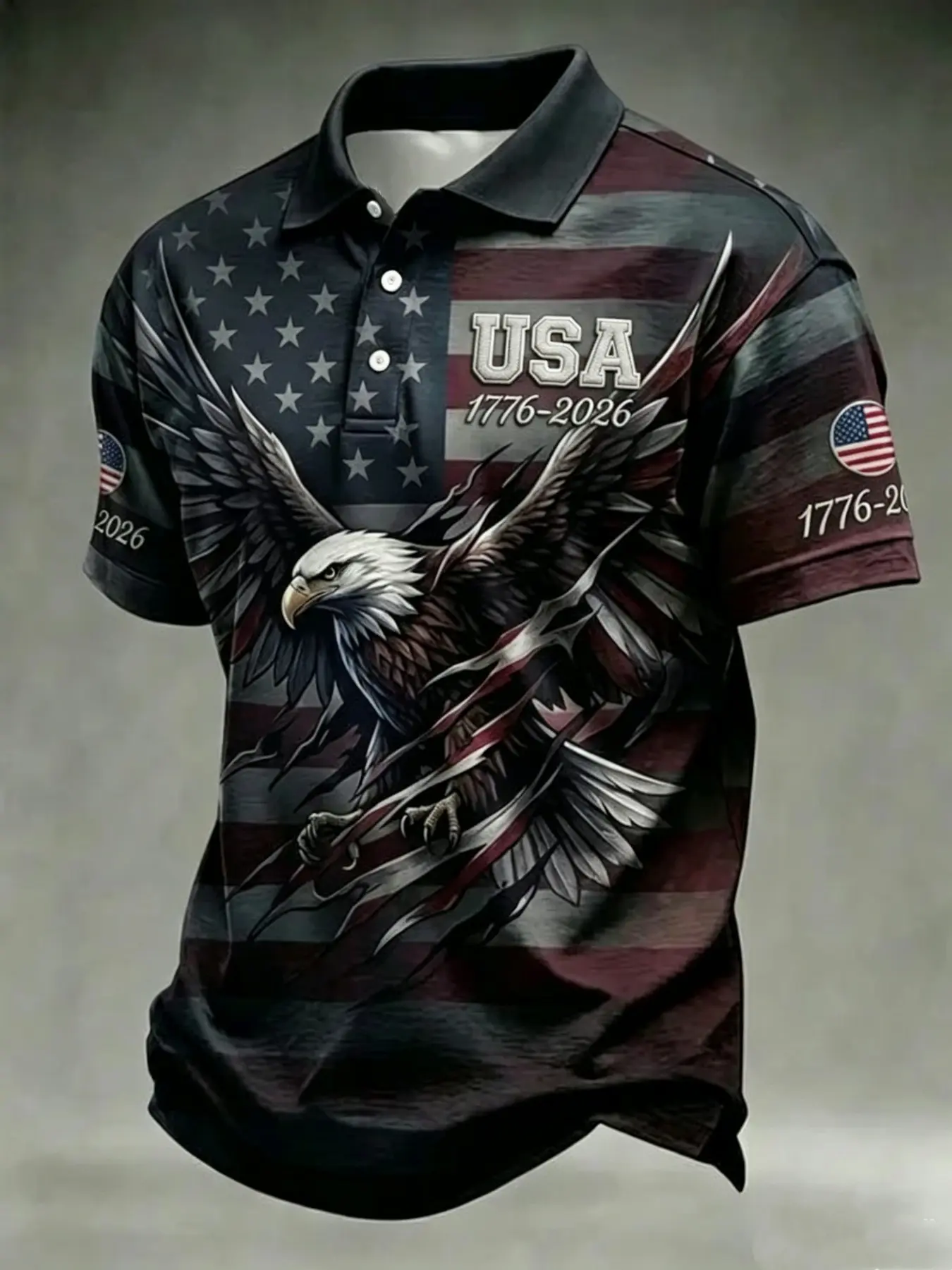 Men's 250th Anniversary Buttoned Polo Shirt, Patriotic Eagle Print Short Sleeve, Moisture-Wicking Casual Top, Independence Day July 4th