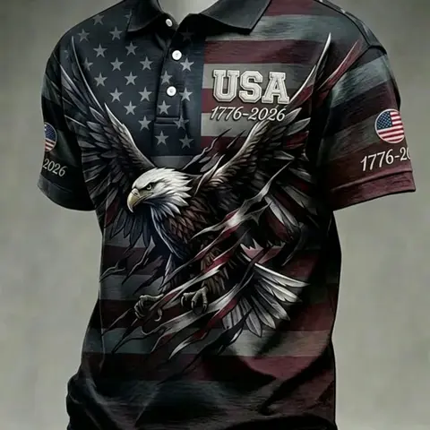 Men's 250th Anniversary Buttoned Patriotic American Polo Shirt, Patriotic Eagle Print Short Sleeve, Moisture-Wicking Casual Top, Independence Day July 4th