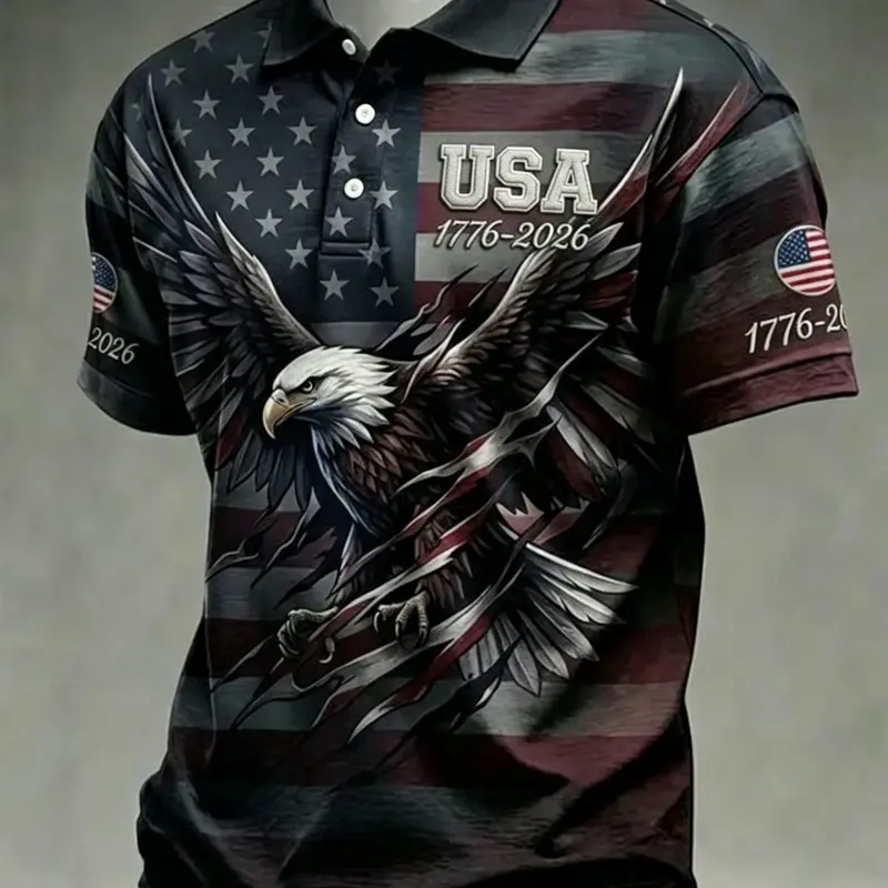 Men's 250th Anniversary Buttoned Patriotic American Polo Shirt, Patriotic Eagle Print Short Sleeve, Moisture-Wicking Casual Top, Independence Day July 4th