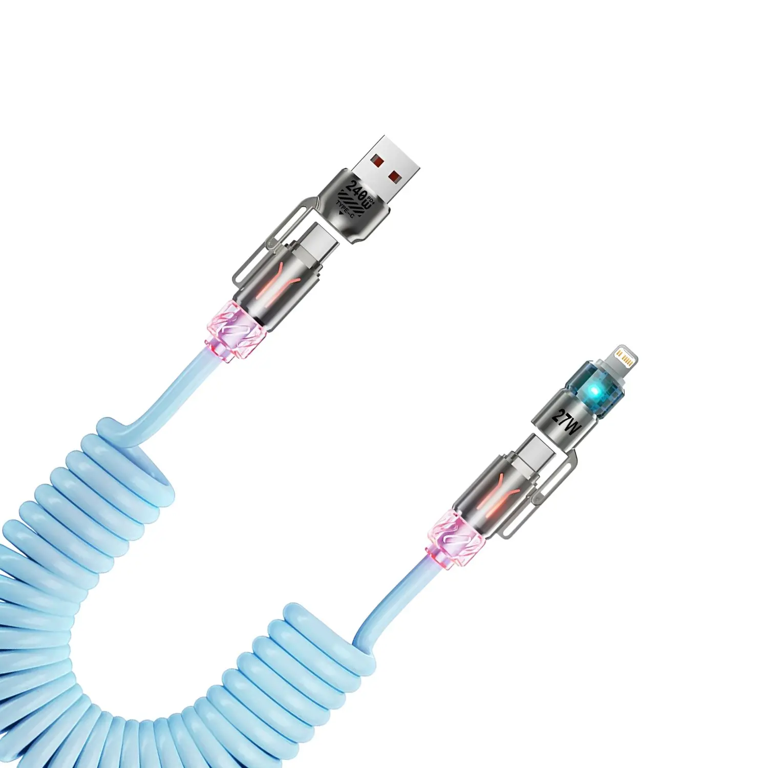 240w Spring 4-In-1 Fast Charging Cable, USB A/c to USB C/l, Multi-Functional Extendable Cable for iPhone 17/16, Samsung Galaxy S25