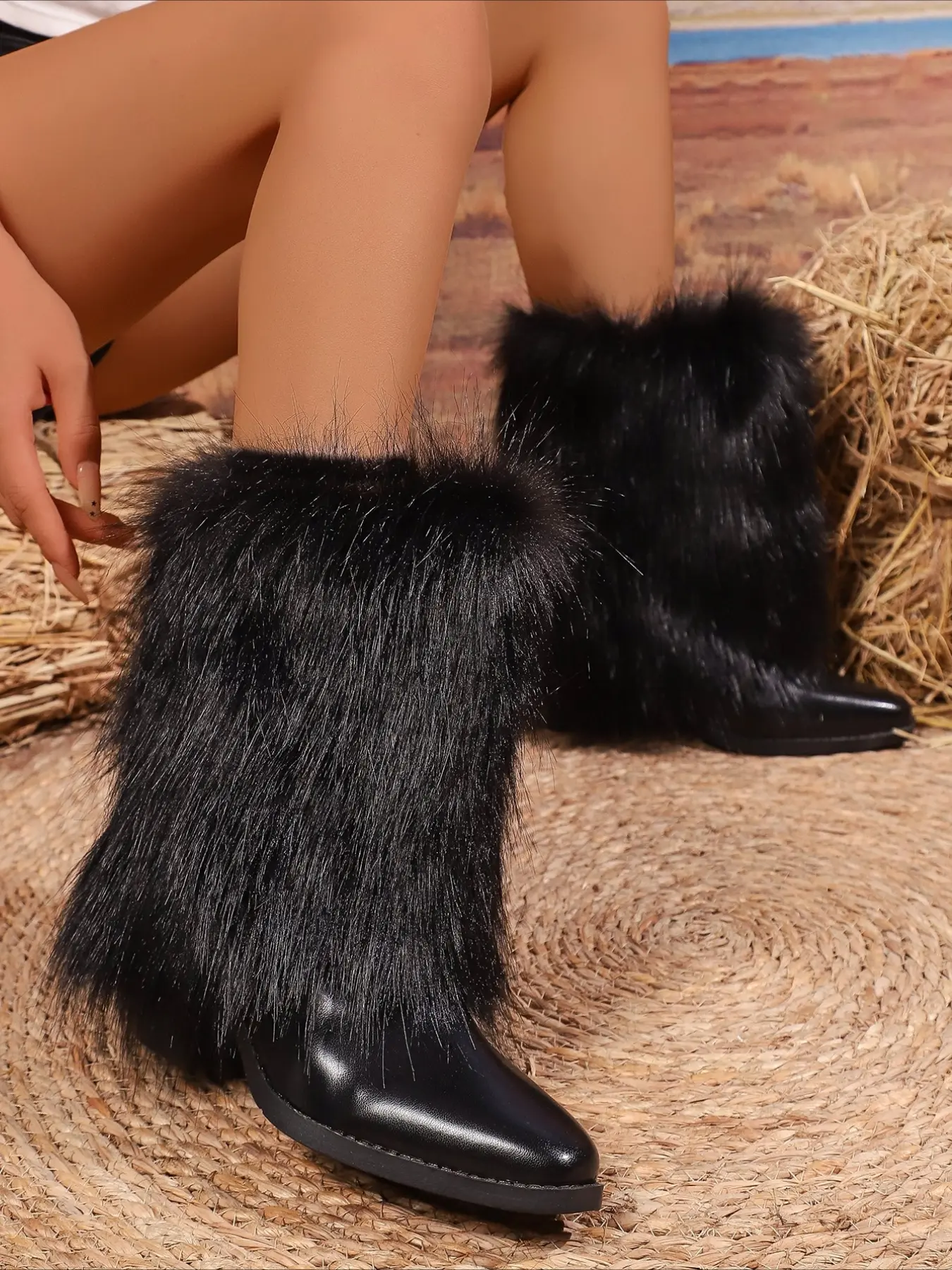 Pointed smooth leather fluffy furry ankle boots, covered with thick long fur, trendy western style women fashion boots for autumn and winter