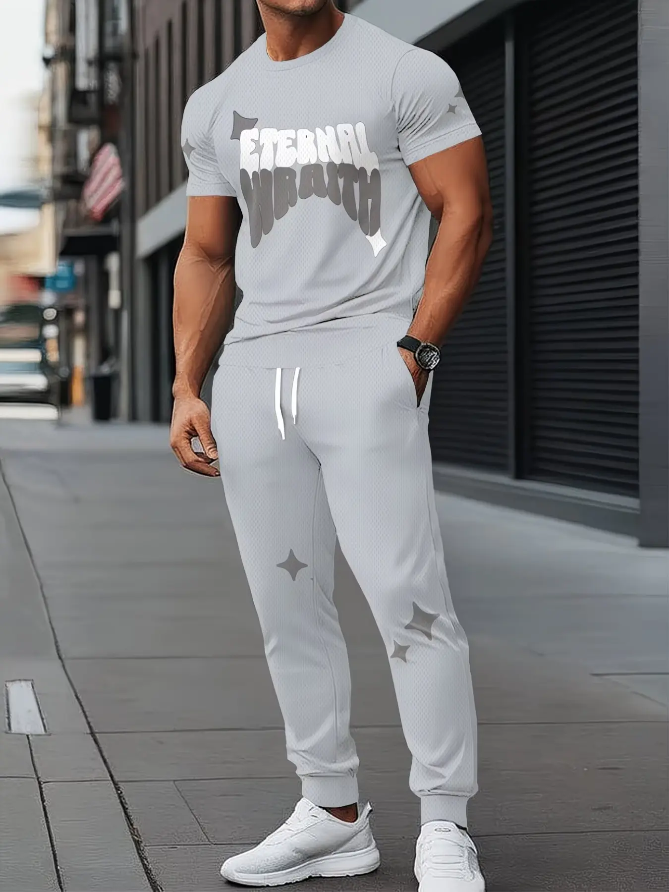 Men's Casual Sportswear Set, Star Pattern Sweatshirt with Ankle Pants, Fashionable Daily Wear, Spring & Fall, Loose-Fit, Short Sleeve