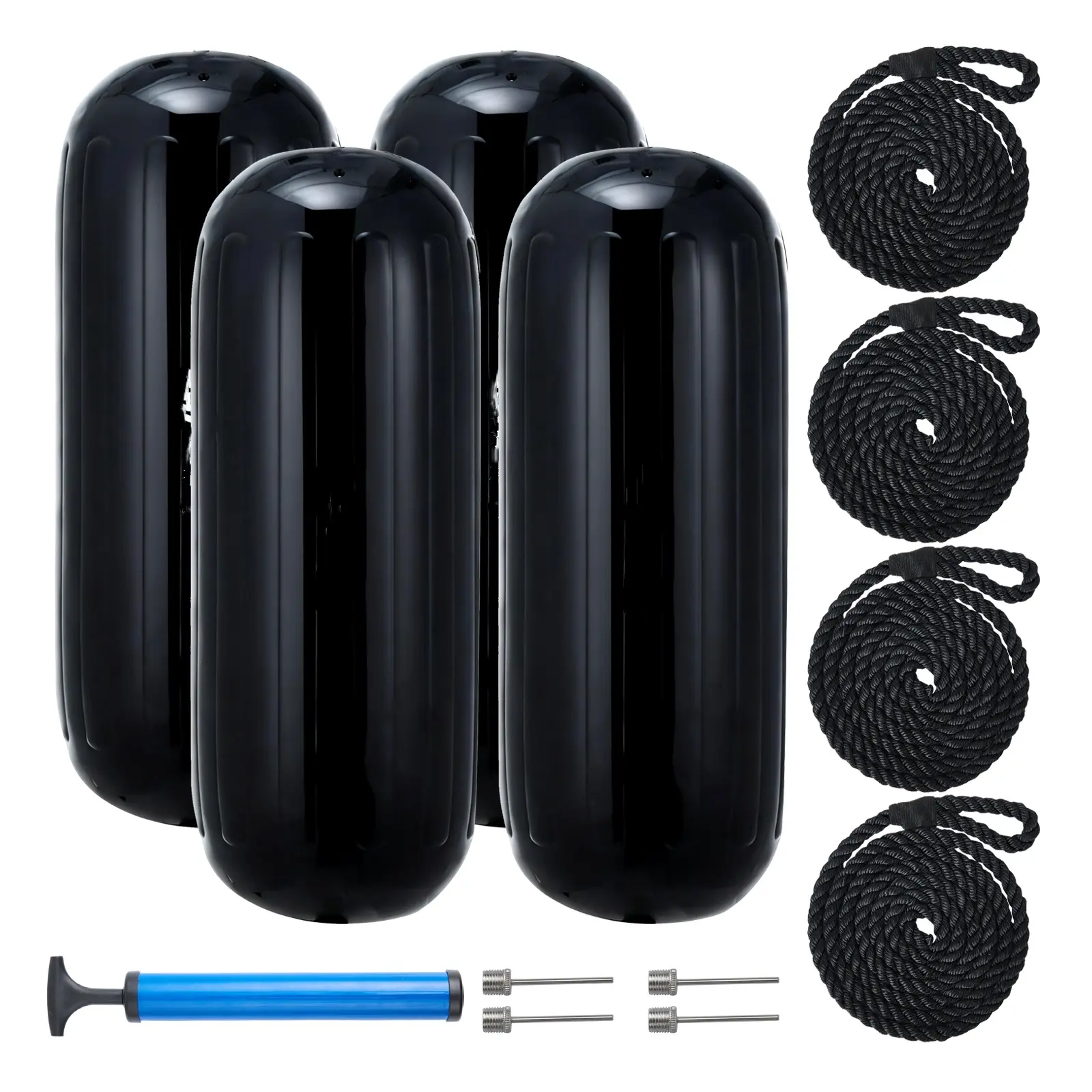 10x28 Inch Boat Fenders 4 Pack, Heavy Duty Inflatable Dock Bumpers with Ropes & Pump for Pontoon, Sailboat, Yacht Docking Protection, Black