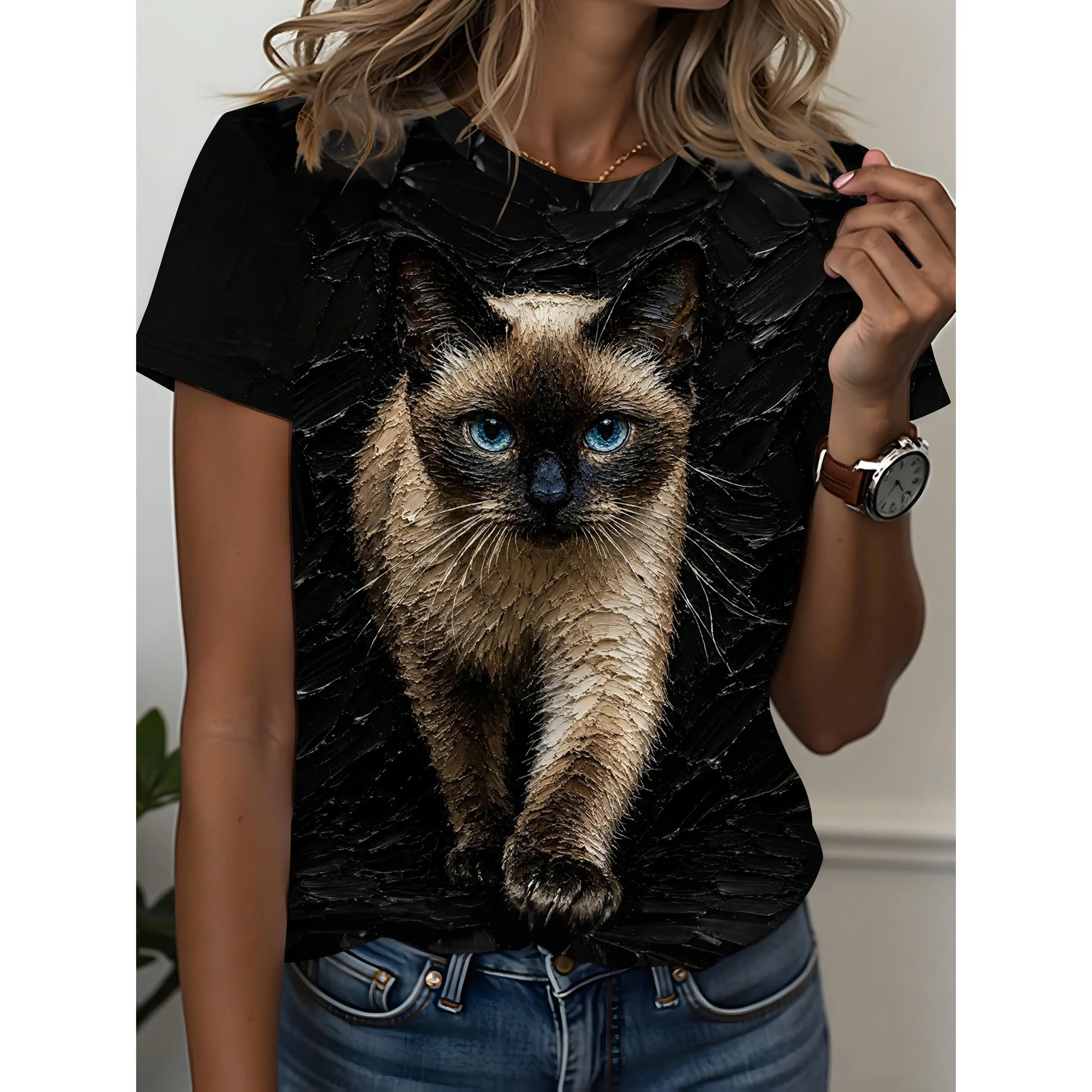 Women's oil painting style siamese cat print t-shirt, blue-eyed cat on black textured background, casual short sleeve crew neck top