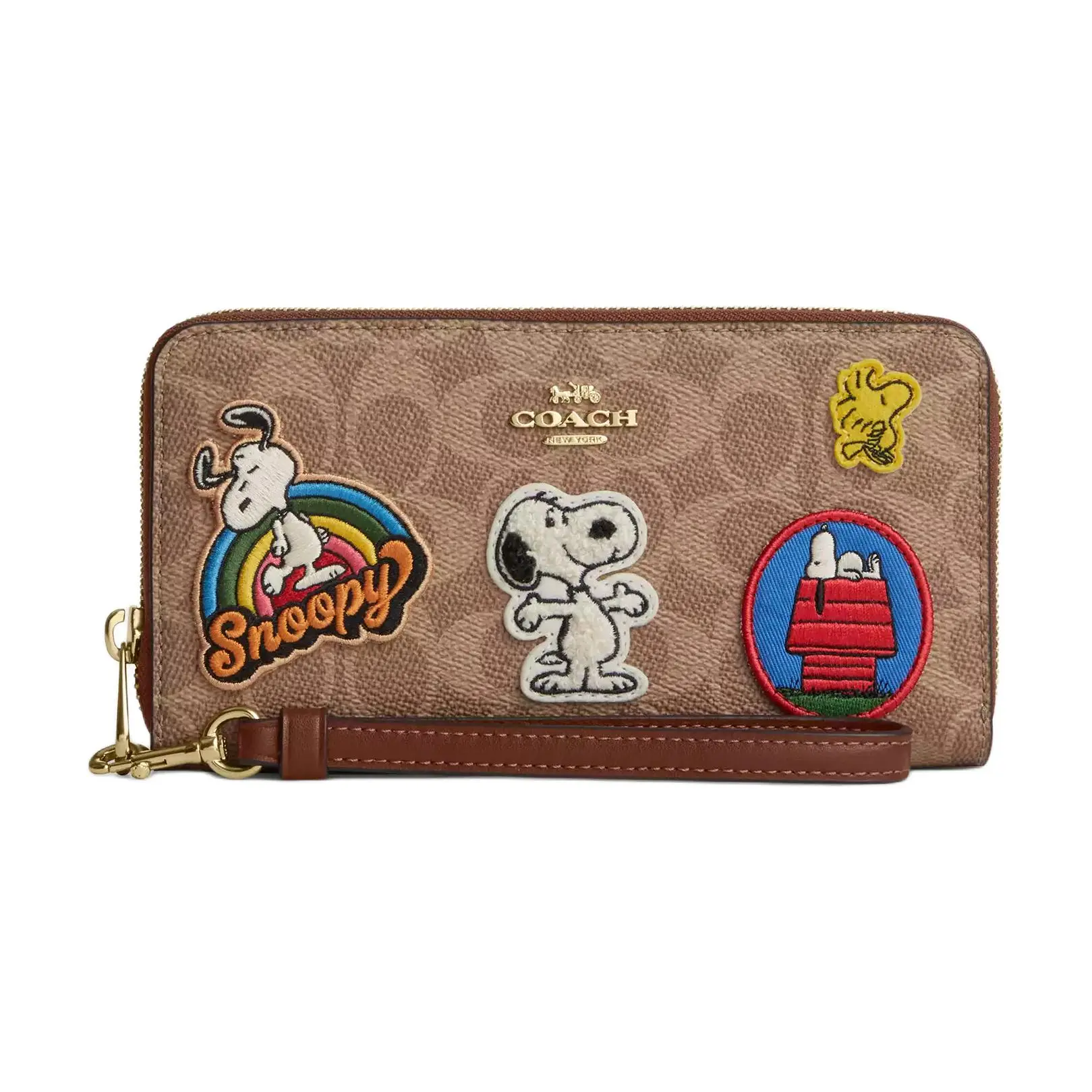Coach x Peanuts Zip-Around Wallet for Women, Cartoon Patch-Embellished Coated Canvas, Tan