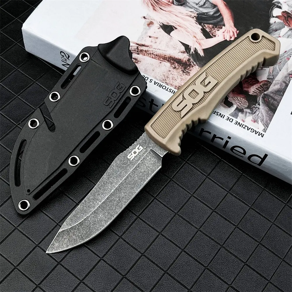 Desert color tactical survival straight knife, with a stone-washed aged 7Cr13Mov blade, nylon fiber handle, and a tail hole for attaching a rope, suitable for hiking camping, outdoor exploration, and vehicle-mounted emergency use, Tactical Knives