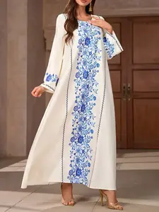 Cream Blue Flower Islamic Long Kaftan, Traditional Bohemian Style, Loose Fit, All Seasons, Perfect for Eid, Mosque Visit, Family Gatherings