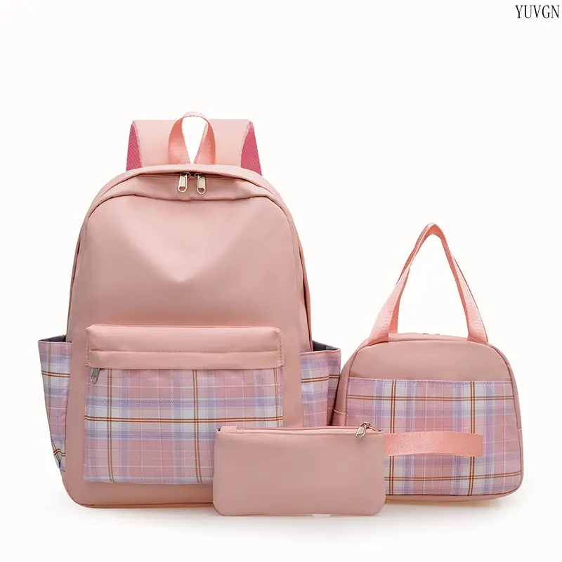 Unisex Versatile Student 3-Piece Plaid Patchwork Backpack Set - Matching Lunch Tote, Mini Pouch, Multi-Pocket Lightweight Bag for Campus, Travel (TikTok Shop Back to School)