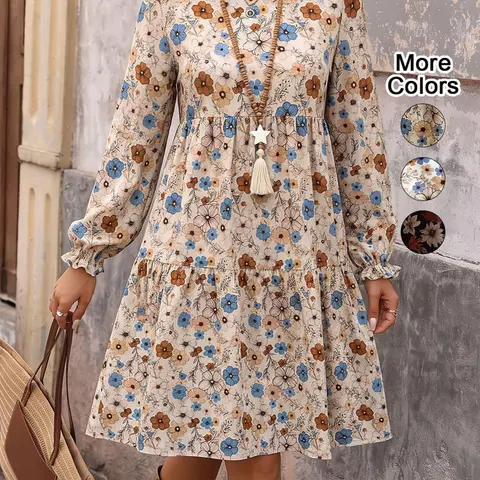 Women's Boho Floral Print Flounce Sleeve Dress, Casual Dress for Daily Outdoor Wear, Dress for Spring & Fall