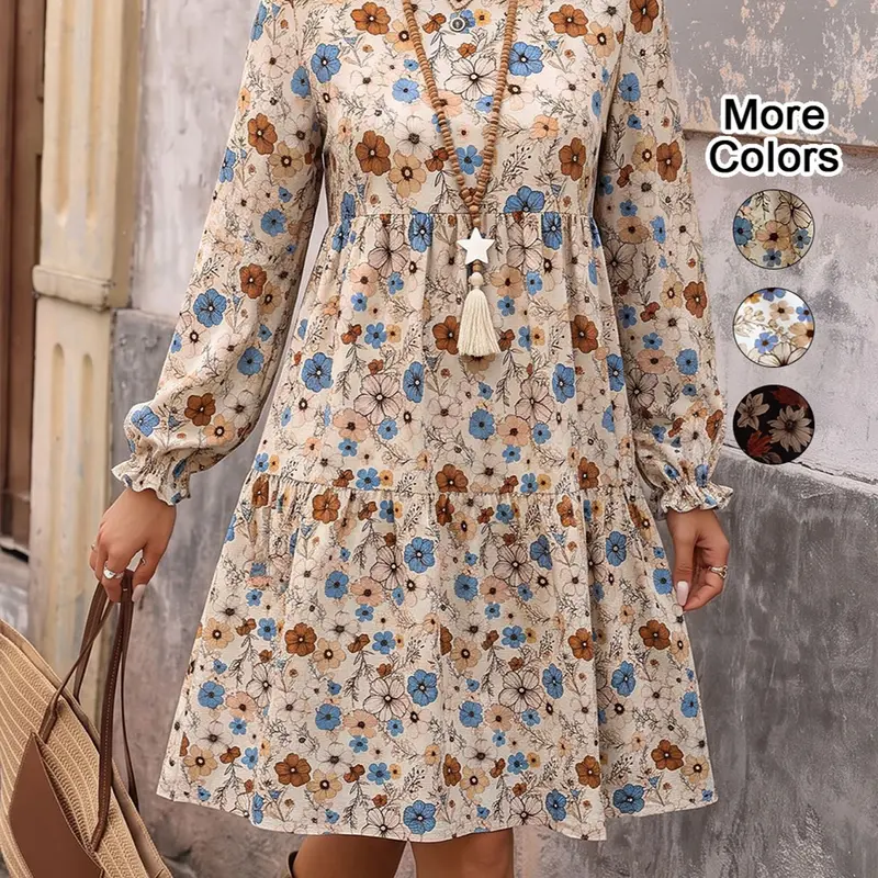 Women's Boho Floral Print Flounce Sleeve Dress, Casual Dress for Daily Outdoor Wear, Dress for Spring & Fall