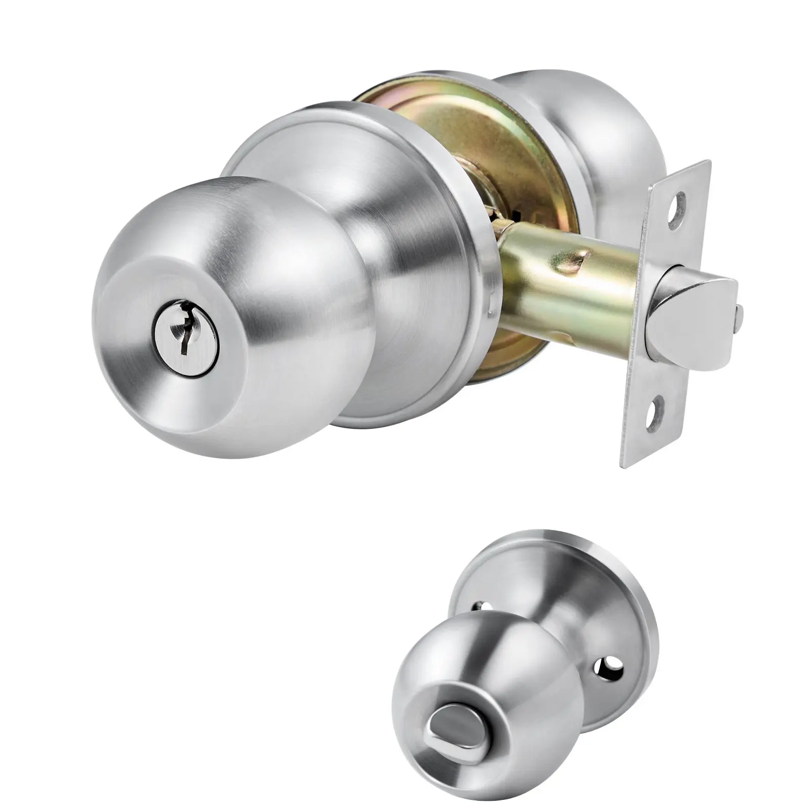 Satin Nickel Keyed Entry Exterior Door Knob with Round Ball, Lock Doorknobs Hardware - All Metal with Keys, Thumb Turn Interior Lock, Modern Design for Bedroom/Bath, Thumb Turn Lock