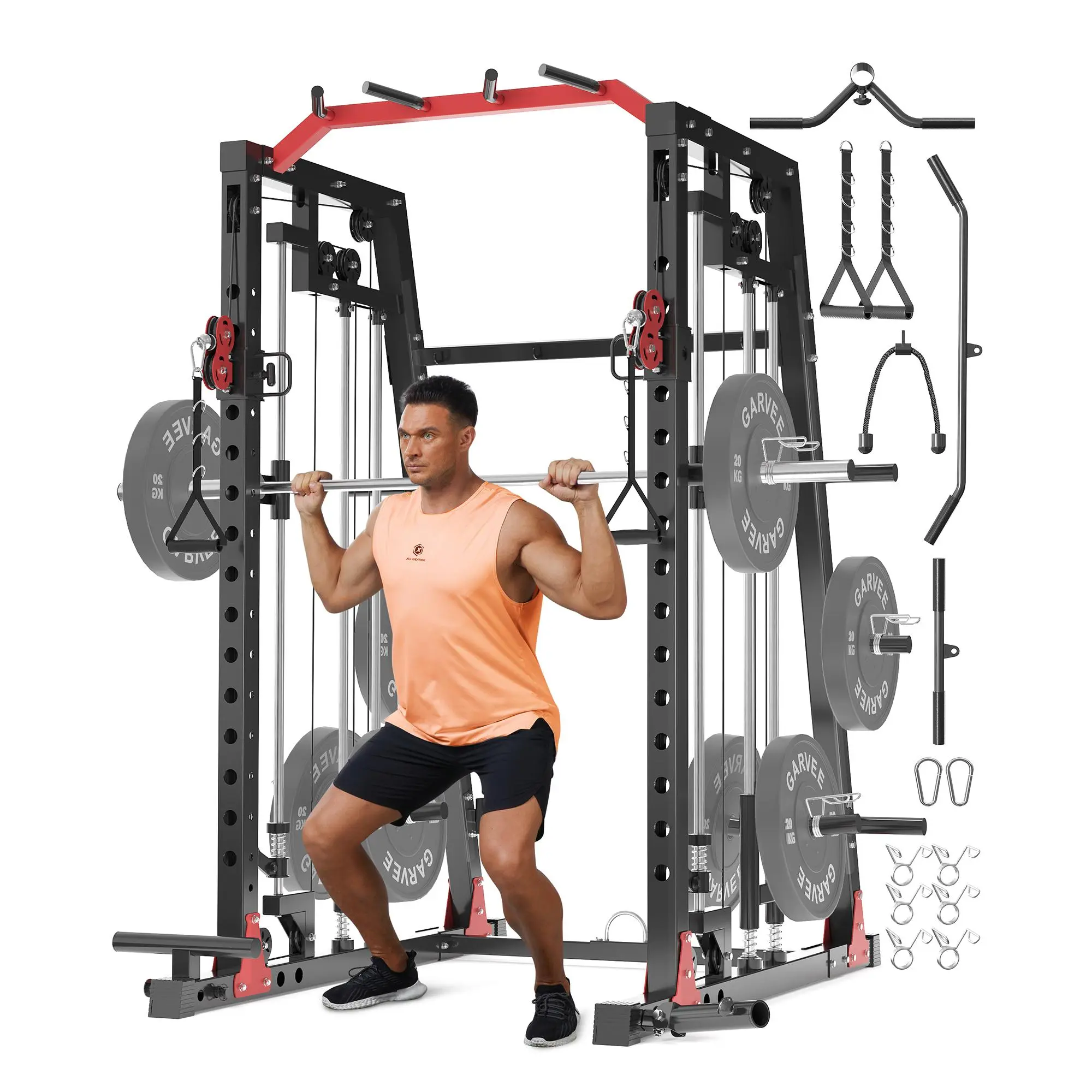 2200LB Commercial Smith Machine Home Gym Power Cage – Dual Cable Pulley, LAT Pulldown, Leg Hold-Down, Multi-Station Strength Training Equipment for Professional & Home Fitness