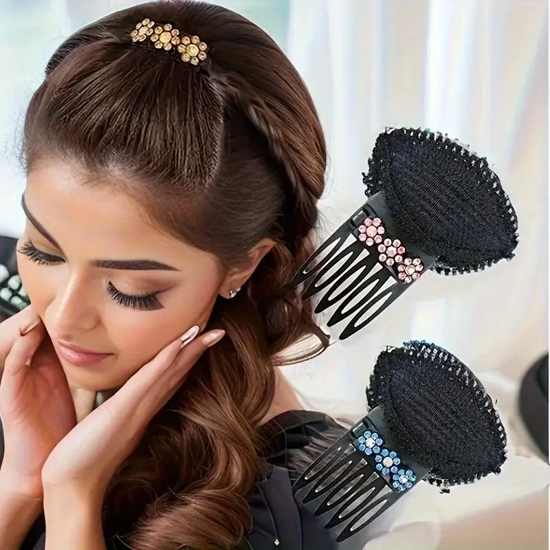 Women's 2pcs Hair Base Inserts/Comb-Like Hair Pads/Invisible Fluffy Hair Pads/Adorned with Rhinestone Flower Clips/Invisible Lifting Hair Pads to Enhance Hair Volume/Hair Elasticity Booster/Suitable for Ages 14 And Up