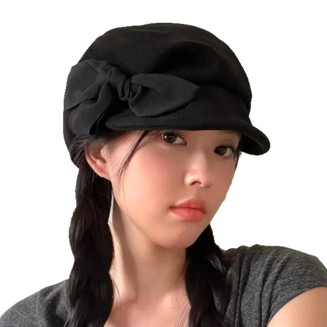 Black Bow Beret Hat for Women Spring Autumn Winter British Style Octagonal Newsboy Hat Artist Painter Soft Brim Peaked Cap
