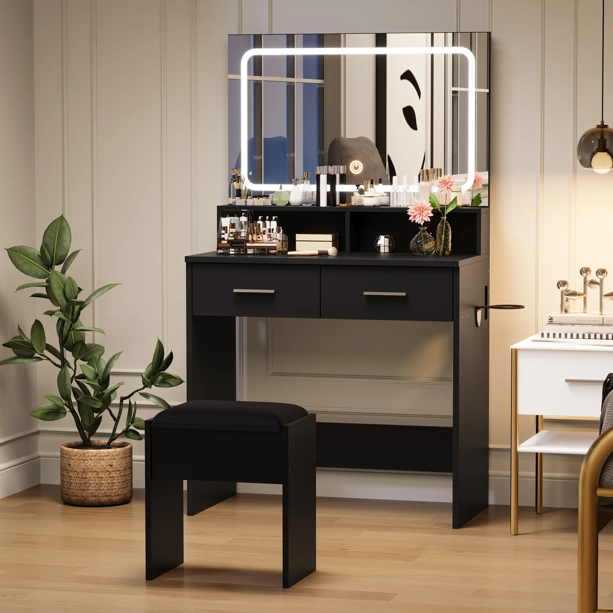 Modern Black Vanity Desk with Adjustable 3-Color LED Mirror & Power Outlet, Stool & Lights, Small Makeup Vanity Table,2 Storage Drawers, for Bedroom, Small Spaces