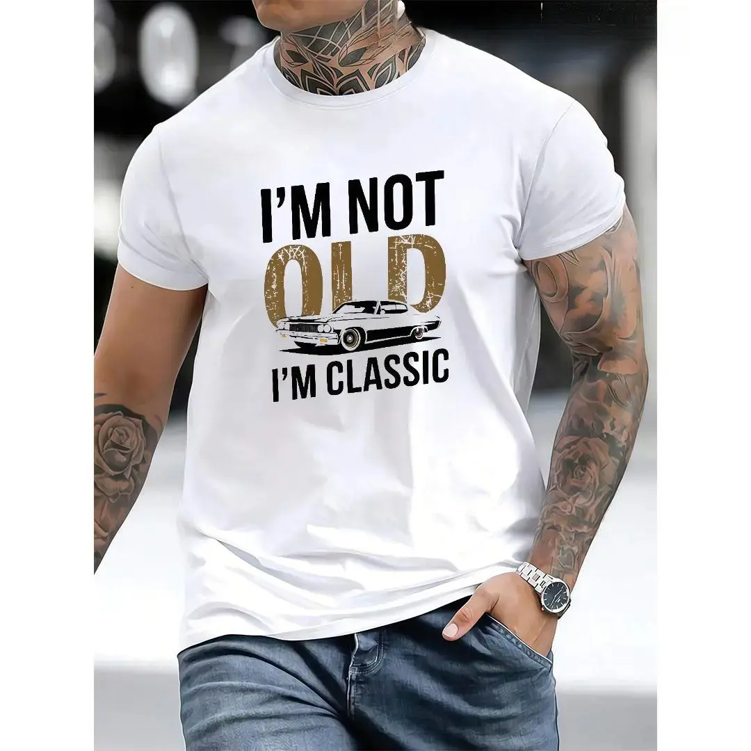 [100% Cotton ]Men's "I'm Not Old, I Am Classic" Pattern T-shirt- Soft Cotton, Casual Crew Neck, Short Sleeve, Vintage Car Print-Durable and Breathable, Suitable for Casual Wear
