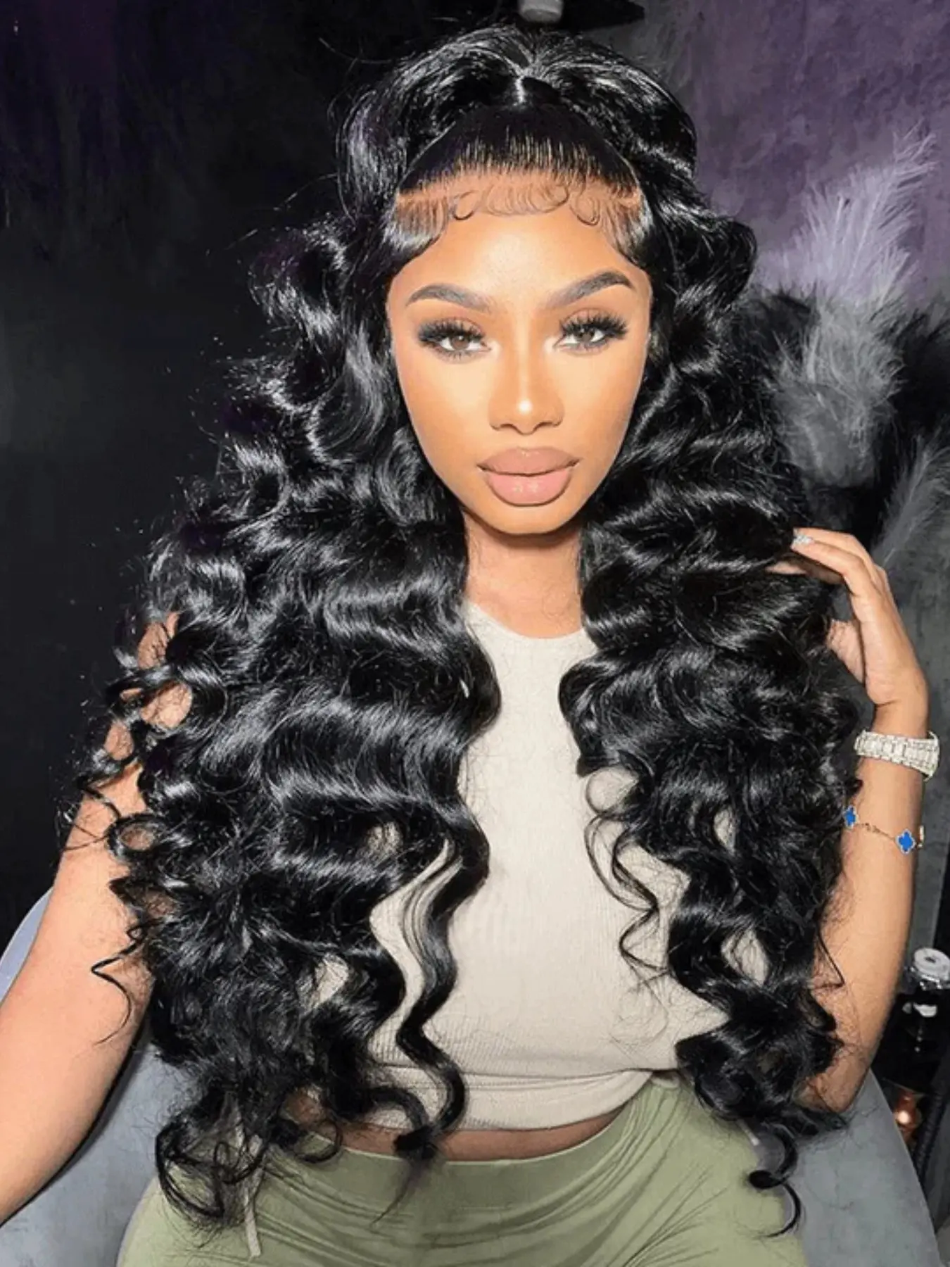 Loose Deep Wave 13x4 Lace Frontal Wig 26 Inch Loose Wave Lace Front Wigs Fiber Hair Pre Plucked Synthetic Lace Wigs For Women HD Transparent Lace Frontal Wig Natural Black
