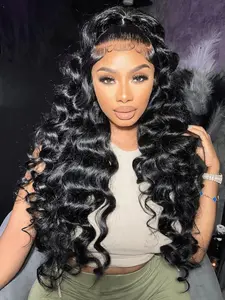 Loose Deep Wave 13x4 Lace Frontal Wig 26 Inch Loose Wave Lace Front Wigs Fiber Hair Pre Plucked Synthetic Lace Wigs For Women HD Transparent Lace Frontal Wig Natural Black